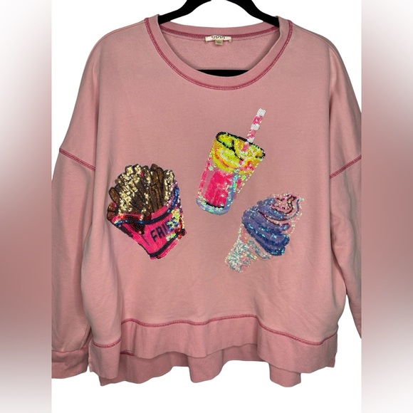 Oddy Boxy Pullover Sweatshirt Sequined French Fries Drink Ice Cream Appliques LG - Picture 2 of 11